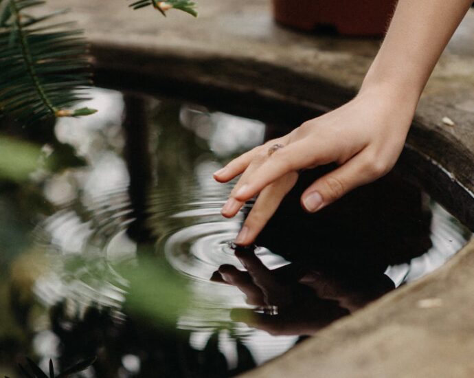 unrecognizable woman touching water in garden